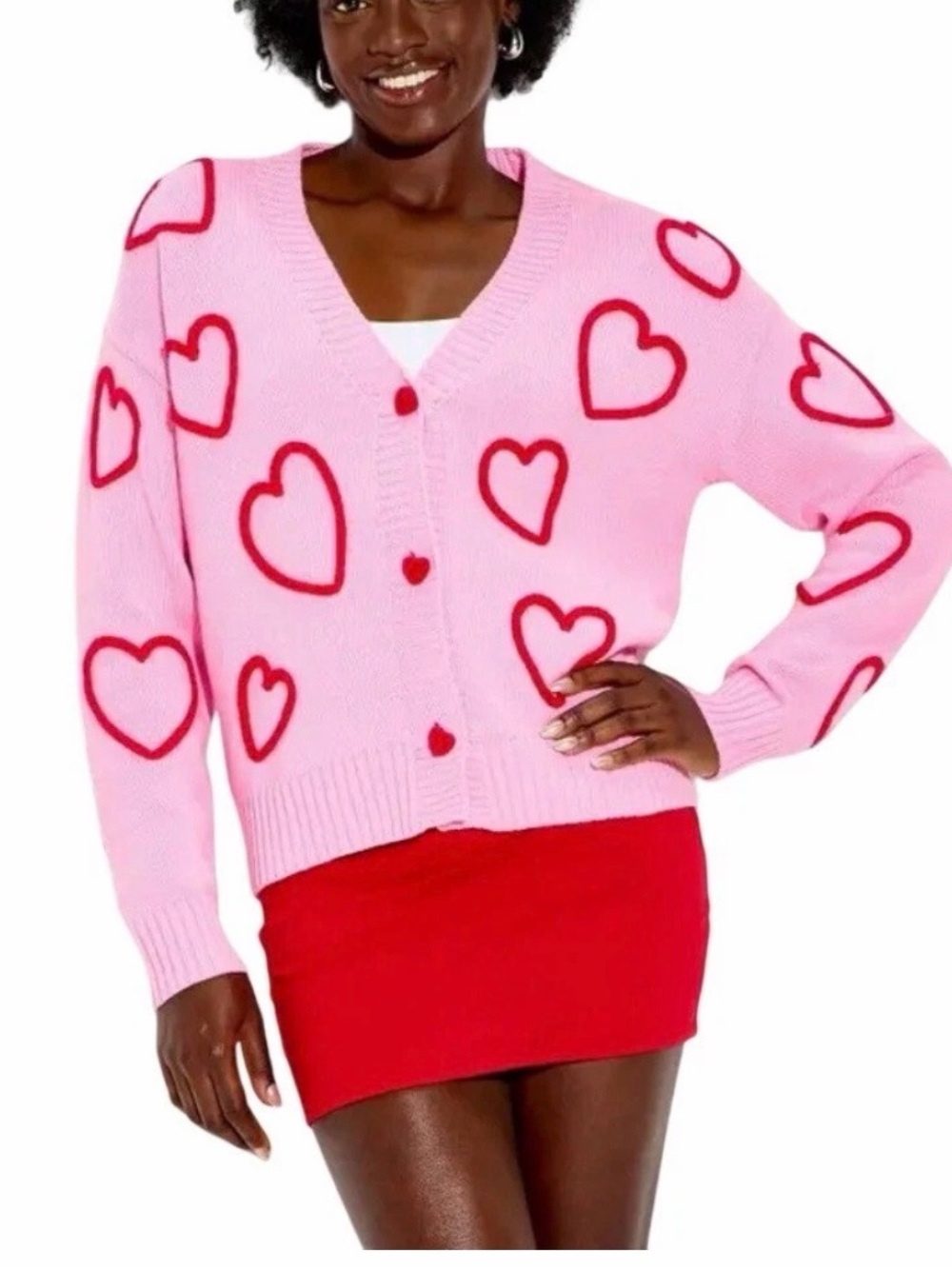32 Degrees Pink Cardigan with Red Heart Accents